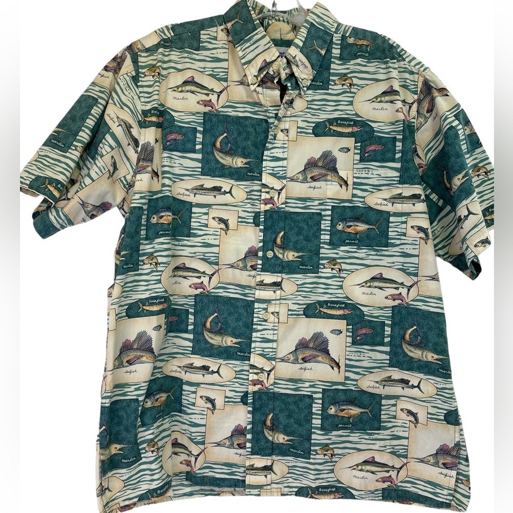 Reyn Spooner Mens Sz Large Fish Pattern Button up Hawaiian Shirt (L34)